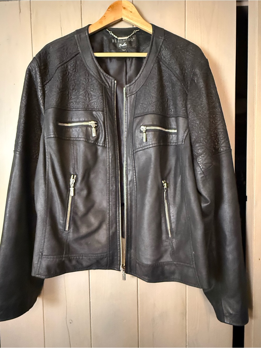 Bernardo Black Leather Zip-Front Jacket with Silver Zippers